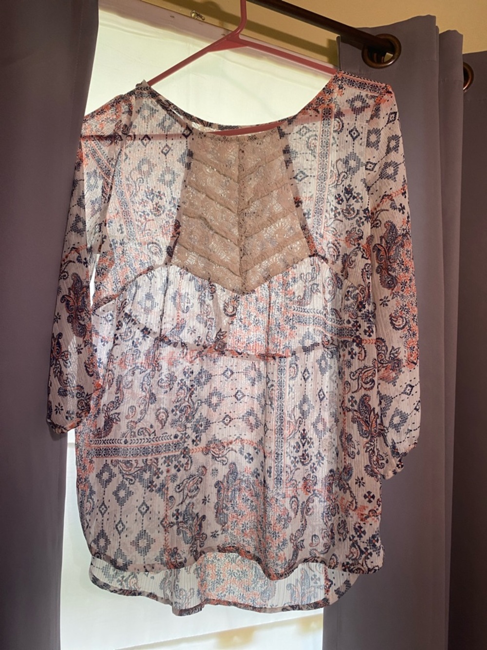 Arizona Jean Company Sheer Paisley Lace Yoke Blouse - Light Blue & Coral